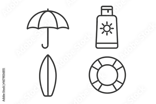 Summer beach vacation icon set. Outline symbols of umbrella, sunscreen, surfboard, and lifebuoy. Vector graphic for sun protection, water safety, travel, and recreation concepts.