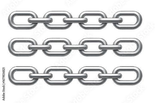Realistic seamless metal chains set. Vector illustration of glossy steel or chrome links. Industrial connection concept. Heavy-duty metallic chain link on transparent background.