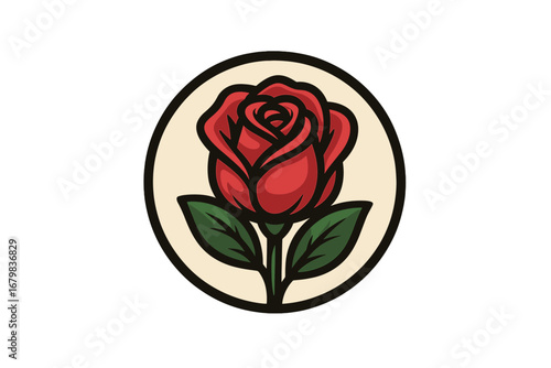 Red rose flower logo in circle badge. Vector cartoon illustration for beauty, floral, or tattoo shop emblem. Vintage romantic symbol of love, nature, and passion.