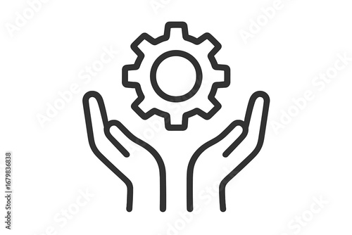 Hands holding gear line icon. Technical support, business solution and service concept. Technology development, maintenance, and implementation. Process management, innovation vector.
