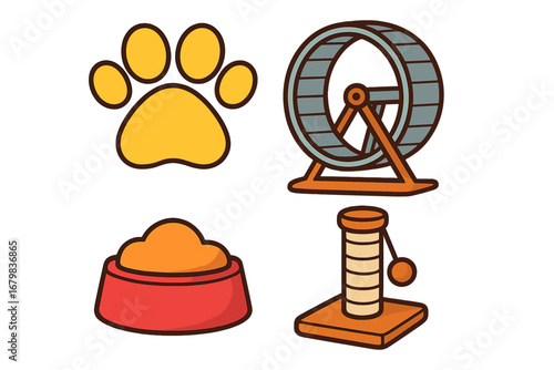 Pet supplies icon set. Colorful cartoon vector collection of pet care accessories. Includes paw print, food bowl, cat scratching post, and hamster wheel. Animal care concept.
