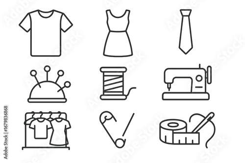 Sewing and tailoring editable stroke line icon set. Fashion design, needlecraft, and garment industry vectors. Includes sewing machine, thread, t-shirt, dress, and measure tape.