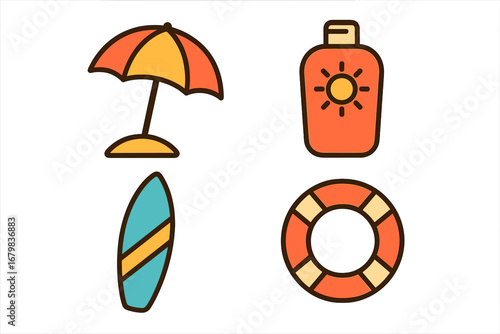 Summer beach vacation icon set with umbrella, sunscreen, surfboard, and lifebuoy. Vector cartoon illustration for web, apps, and infographics. Travel and holiday symbols.