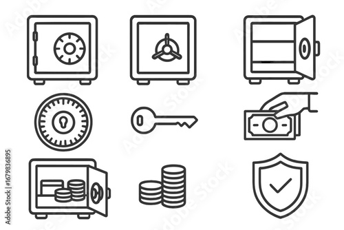 Finance and security icon set. Outline symbols for money, banking, and investment. Includes safe, vault, coins, cash, key, lock, and protection shield. Business concept.