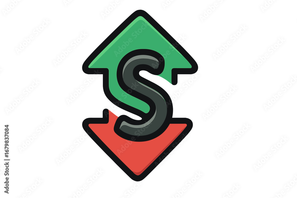 Up down arrow logo letter S. Market trend analysis symbol. Success failure concept. Stock exchange trading icon. Financial growth decline metaphor. Vector vote button element. Up down arrow logo letter S. Market trend analysis symbol. Success failure concept. Stock exchange trading icon. Financial growth decline metaphor. Vector vote button element.
