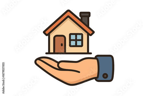 Real estate agent hand holding house model. Home sale, buy, rent concept. Property investment, mortgage, insurance icon. Vector illustration for housing market and ownership.
