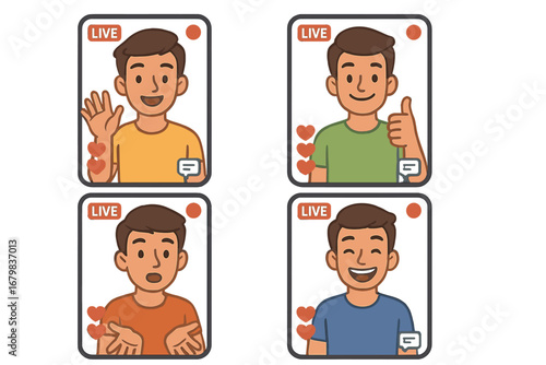 Set of social media live streaming video avatars. Male user character in various poses for online broadcast. Influencer or vlogger cartoon vector illustration with transparent background.