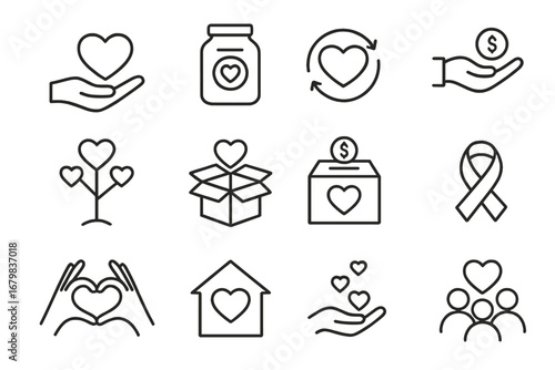 Charity and donation thin line icon set. Volunteering, support, love, community, and fundraising vector symbols. Philanthropy, non-profit, and giving outline pictograms.