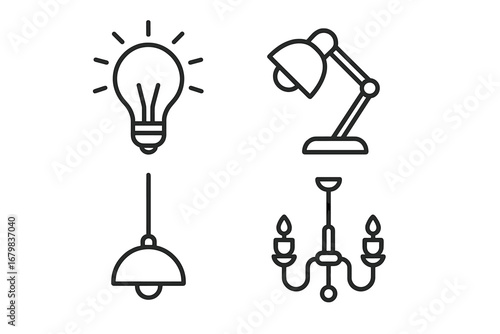 Lighting line icon collection. Light bulb for idea, desk lamp for office, pendant and chandelier for home decor. Outline vector icons for electricity, energy, illumination.