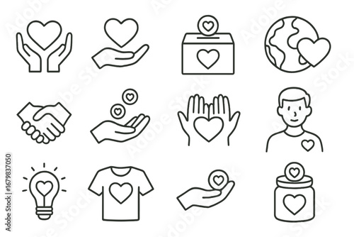 Charity and donation thin line icon set. Vector symbols of love, care, help, and support. Outline pictograms for volunteer, fundraising, non-profit organization, and social work.