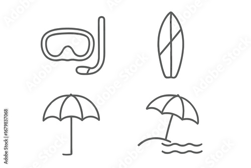 Summer beach vacation thin line icon set. Simple vector outline signs. Diving mask, surfboard, umbrella for web design, apps, and leisure concepts. Travel and recreation symbols.