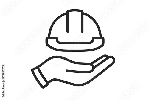 Hand offering safety helmet. Workplace safety and health concept. Labor protection, insurance for builder, contractor. Minimalist line icon for construction industry and engineering.