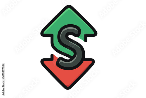 Up down arrow logo letter S. Market trend analysis symbol. Success failure concept. Stock exchange trading icon. Financial growth decline metaphor. Vector vote button element.