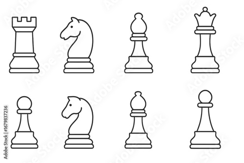 Chess pieces icon set vector line art collection. Game of strategy symbols. Rook, knight, bishop, queen, pawn figures for infographics. Minimalist outline illustration.