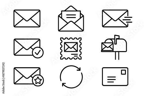 Mail and Email Line Icon Set. Vector outline symbols for post, letter, message, and communication. Includes envelope, mailbox, stamp, send, and notification icons for web design.