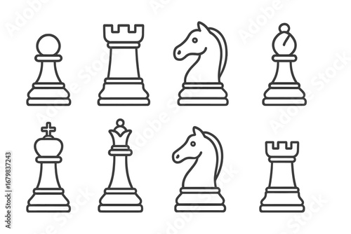 Chess piece outline icon set. Linear graphic collection with king, queen, rook, knight, bishop, pawn. Vector illustration for concepts of strategy, business tactics, competition.