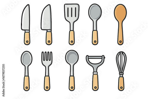 Vector icon set of kitchen utensils. Cooking tools collection with knife, spoon, fork, spatula, whisk, and peeler. Minimalist flat cartoon illustration for culinary design.