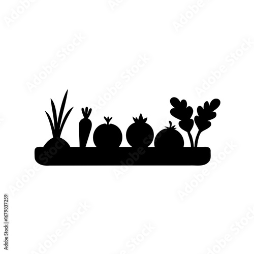Silhouette of a vegetable garden with various plants and crops in a row