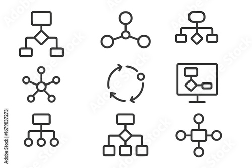 Flowchart icon set. Process diagram and workflow symbols. Algorithm, structure, and hierarchy signs. Business organization chart. Vector line icons with editable stroke for UI.