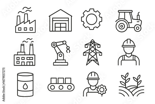 Industrial line icon set. Symbols for factory, manufacturing, agriculture, and energy. Outline pictograms for production, automation, logistics, worker, and web design.