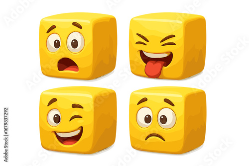 Yellow cube emoji 3d emoticon funny face vector illustration set. Cartoon character collection with various emotions: happy, sad, surprised, wink, teasing. Isolated comic avatar.