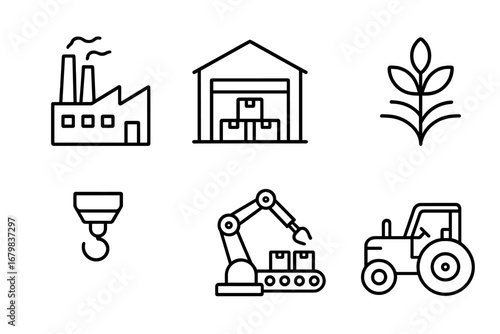 Industry and agriculture line icon set. Factory, warehouse, tractor, robotic arm automation. Vector outline symbols for logistics, production, web design and mobile apps.
