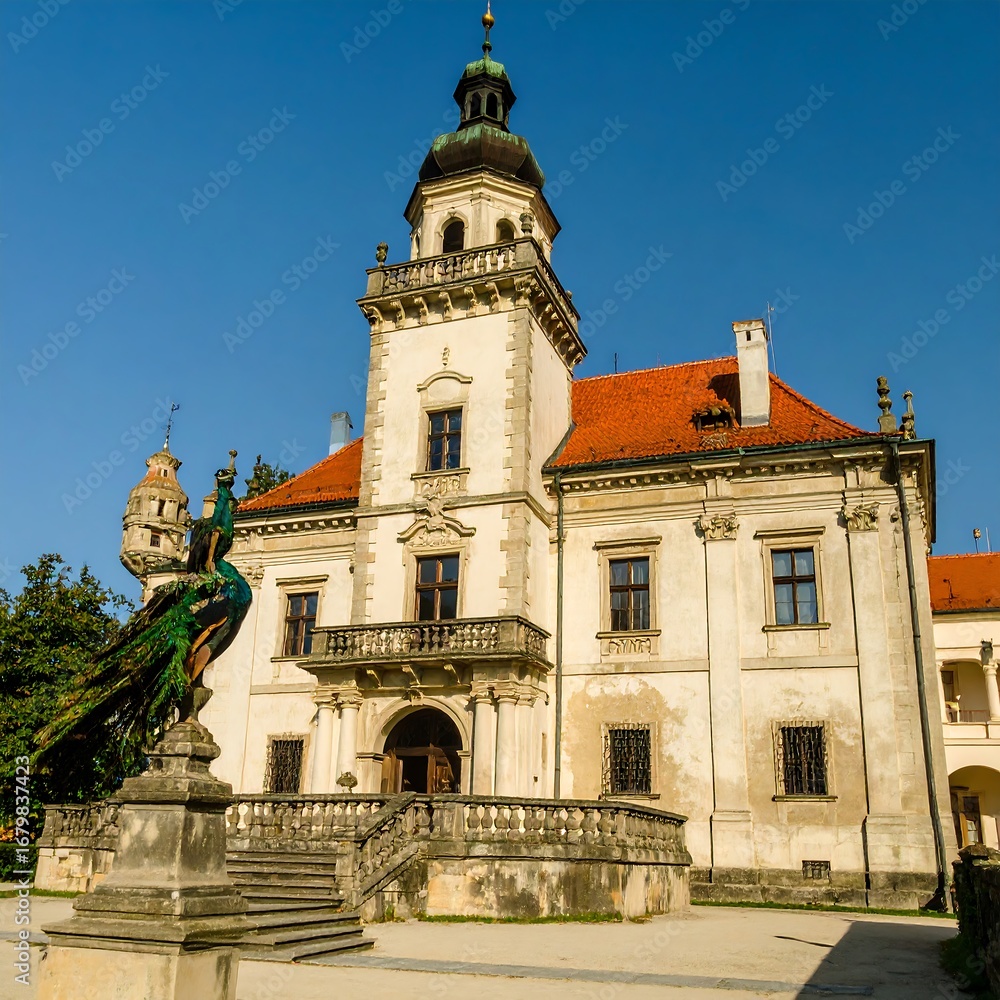 Obraz premium Beautiful Palace With Peacock Statue Under Clear Blue Sky.