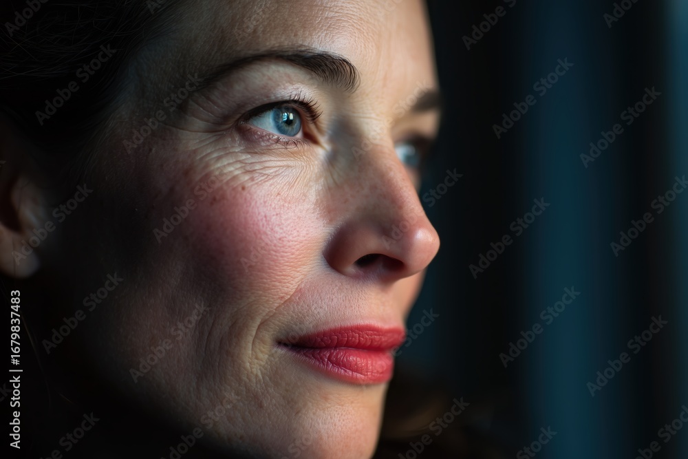 Obraz premium Close-up portrait of mature woman with natural beauty looking out the window, soft lighting highlighting skin texture and thoughtful expression