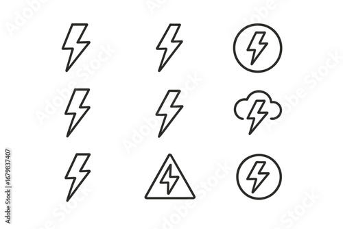 Lightning bolt line icon set. Simple linear electricity, power, and energy symbols. Thunder flash pictogram collection. Editable stroke vector illustration for graphic design.