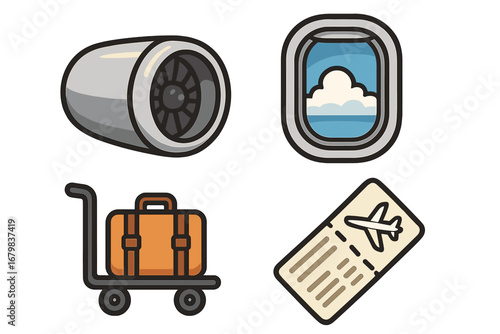 Air travel icon set. Cartoon vector symbols of flight and tourism. Airplane engine, porthole window with sky view, luggage cart with suitcase, and airline boarding pass ticket.