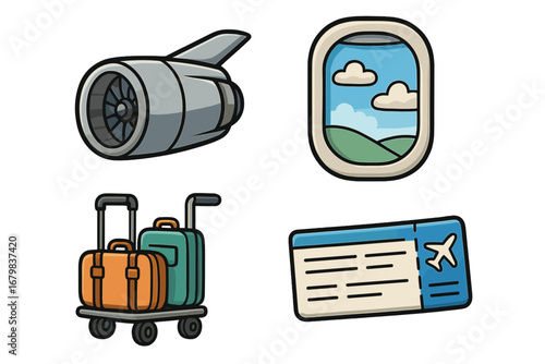 Air travel icon collection with airplane jet engine, window view, airport luggage cart, and boarding pass. Vector cartoon symbols set for flight, vacation, and tourism concepts.
