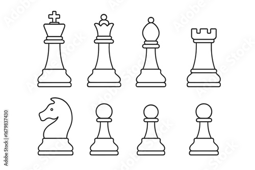 Chess piece line icon collection. Vector set of king, queen, rook, knight, bishop, pawn. Symbol of strategy, leadership, success, competition. Editable stroke illustration.