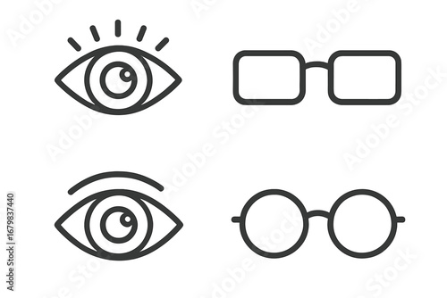 Eye and glasses icon collection. Modern outline vector set for vision care concepts. Includes different eye expressions and spectacle styles for optometry or ophthalmology design.
