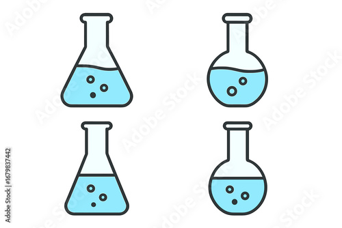 Science lab flask icon set. Erlenmeyer and round bottom flasks with blue chemical liquid. Chemistry research, experiment pictogram. Vector symbol for biology, education concepts.