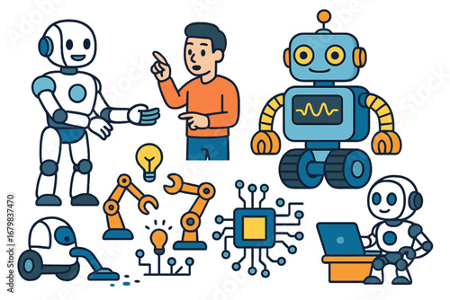 Robot character vector set. Artificial intelligence and robotics concepts. Future technology, automation, cyborg, android, developer, innovation, machine learning illustration.