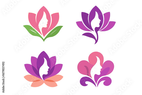 Woman face in flower logo design set. Vector logotype collection for beauty salon, spa, cosmetics, wellness. Abstract female silhouette in lotus. Natural organic brand identity.