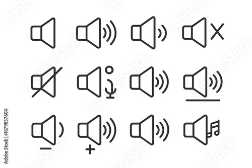 Speaker line icon pack. Sound and audio outline signs for graphic and web design. Volume, mute, music note, and loudspeaker symbols for apps and UI. Vector illustration.
