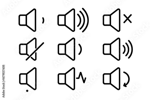 Speaker volume line icon set. Sound on, off, mute and audio wave signs. Loudspeaker pictogram collection for web, mobile app, and user interface design. Vector symbols.