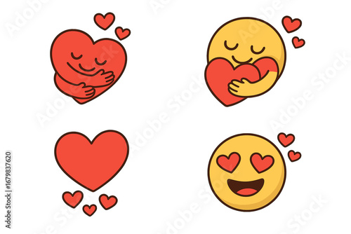 Set of love and care emoji. Cartoon vector illustration. Heart hugging itself for self-love concept. Emoticon with heart eyes. Social media reaction sticker pack isolated.
