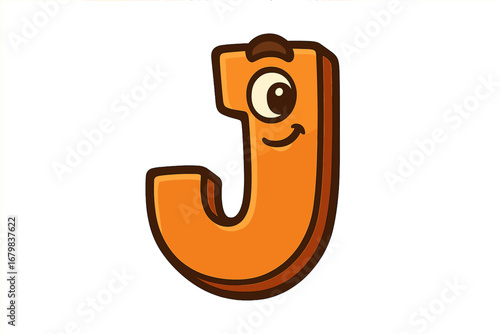 Letter J cute character. Cartoon alphabet mascot. Funny 3D orange font for kids. Learning abc type. Vector monogram logo illustration with a cheerful smiling face.