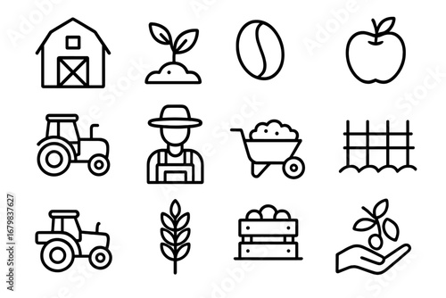 Farming and agriculture line icon set. Farmer, tractor, barn, harvest, and crop symbols. Includes apple, wheat, and coffee bean icons for organic food and cultivation concepts.