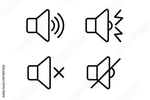 Set of sound volume icons. Speaker, loudspeaker, mute, and silent symbols. Modern outline style vector illustration for UI, UX, web design, apps, and social networks.