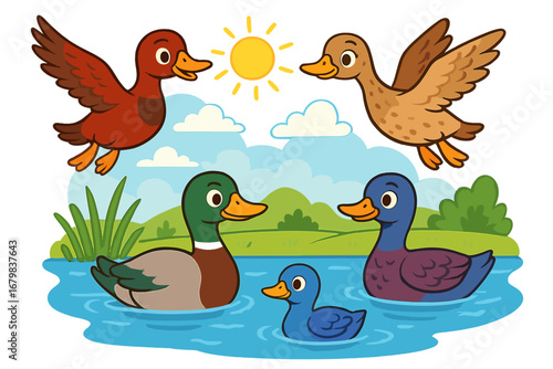 Cute cartoon ducks and ducklings swimming in a pond and flying in the sky on a sunny day. Vector illustration of a happy bird family in nature. Wild birds landscape scene.
