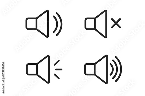 Speaker volume icon set. Sound on, off, mute, and level control buttons. Modern outline style vector symbols for web, app, UI, UX design. Audio media player interface element.