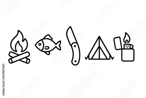 Camping and outdoor adventure icon set. Linear icons for hiking and survival theme. Includes bonfire, fish, folding knife, tent, lighter. Isolated vector illustration symbols.