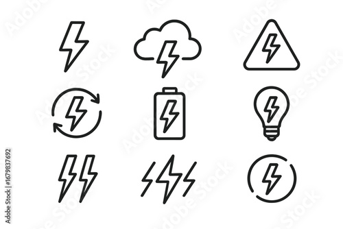 Lightning bolt line icon set. Vector electricity, power, energy, charge, thunder symbols. Editable stroke outline pictogram for web, app. Weather, warning, battery icons.