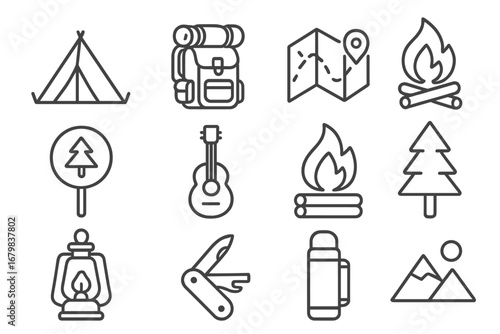 Camping and hiking outline icon set. Outdoor adventure and travel concept. Collection of linear symbols like tent, backpack, campfire, map, mountains for web and apps design.