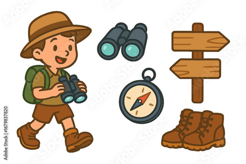 Boy scout on a hiking adventure, a cartoon explorer character with a backpack and binoculars. Vector set with compass, trail sign and boots. Outdoor camping and exploration concept.
