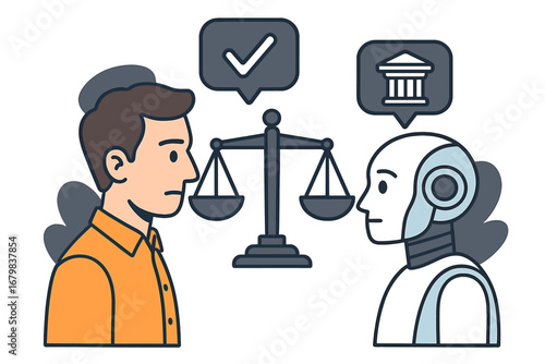 AI ethics and law concept. Robot and human face to face with scales of justice. Artificial intelligence regulation, moral principles, and technology governance vector illustration.
