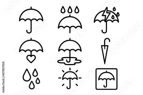 Umbrella line icon set. Weather forecast symbols collection. Rain, storm, sun, love, and protection concepts. Keep dry packaging sign. Vector outline pictogram for web, apps.